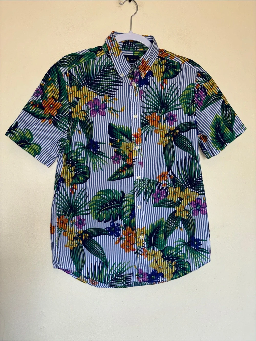 Ralph Lauren Boys Sz XL Striped Floral Cotton Shirt Tropical Vacation Preppy